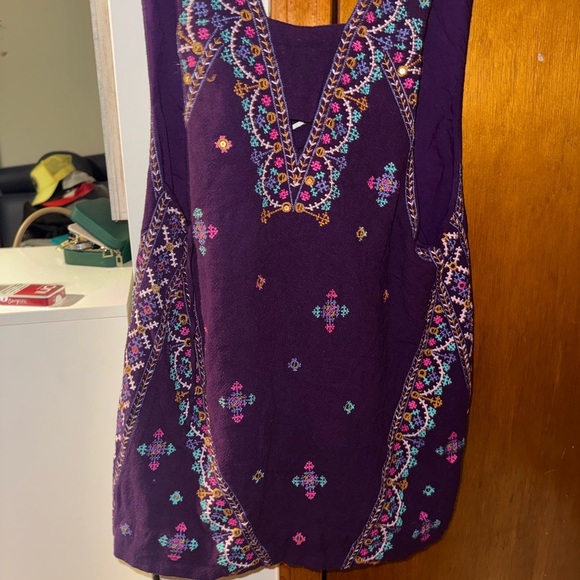 Free People Dress Heavily Embroidered Purple Size S Tie Back Mini V Neck Boho - Picture 6 of 8